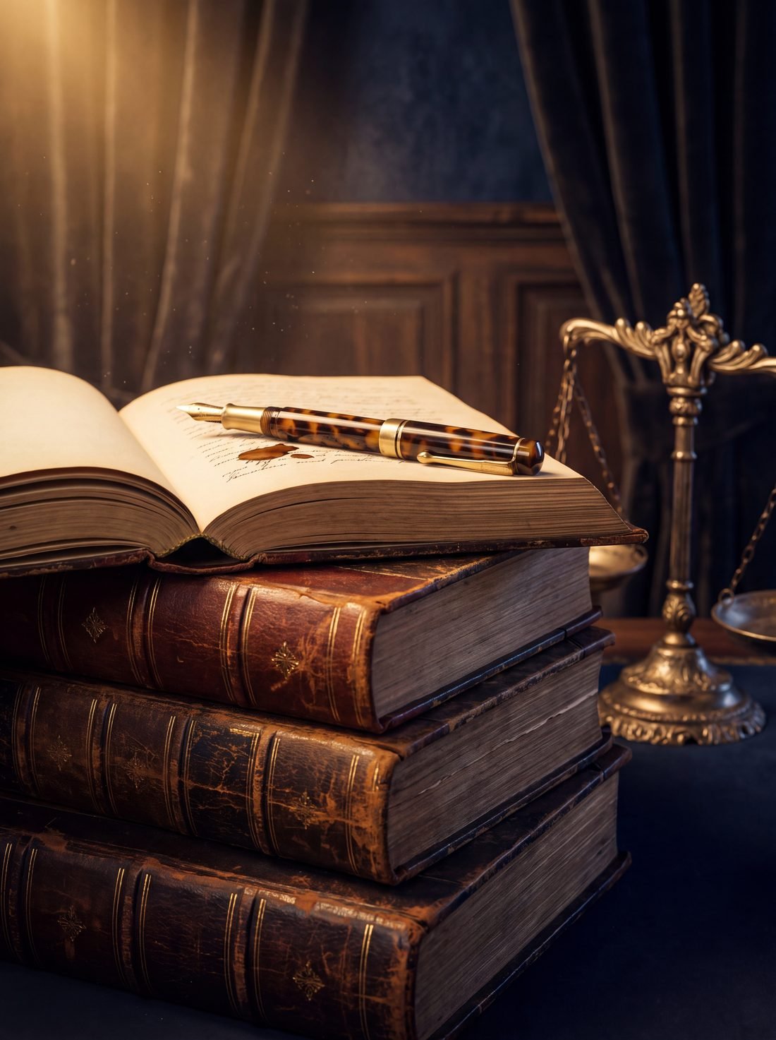 Law books, gavel and scales of justice
